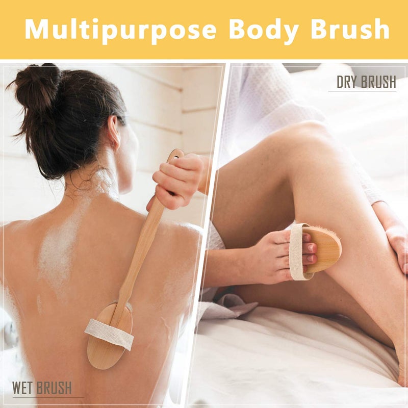 Bamfan Body Brush for Bath or Shower - Dry or Wet Skin Exfoliating Long Wood Handle Back Scrubber with White Sponge - Image 2